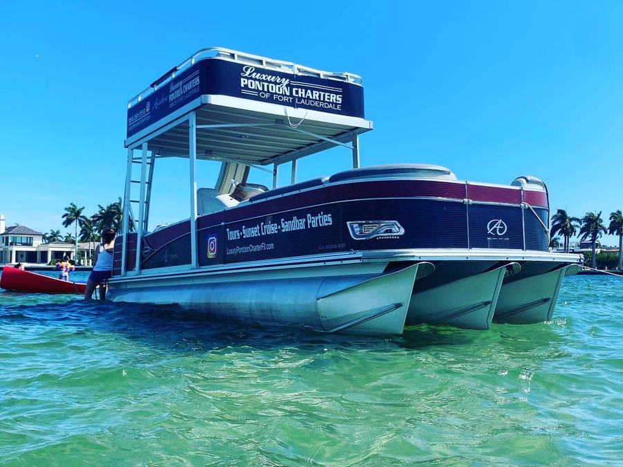 Luxury Pontoon red black Avalon charter Fort Lauderdale sandbar tours sunset cruise